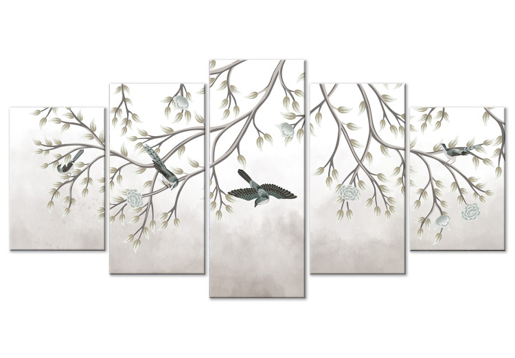Canvas Bird Tree (5-piece) Wide - delicate landscape among branches 138839