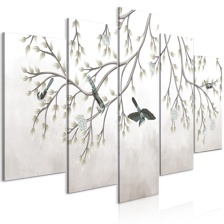 Canvas Bird Tree (5-piece) Wide - delicate landscape among branches 138839 additionalImage 2