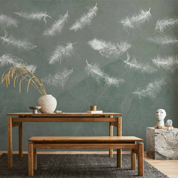 Wall Mural In flight - white feathers carried by the wind on an olive background with pattern 142639 additionalImage 6