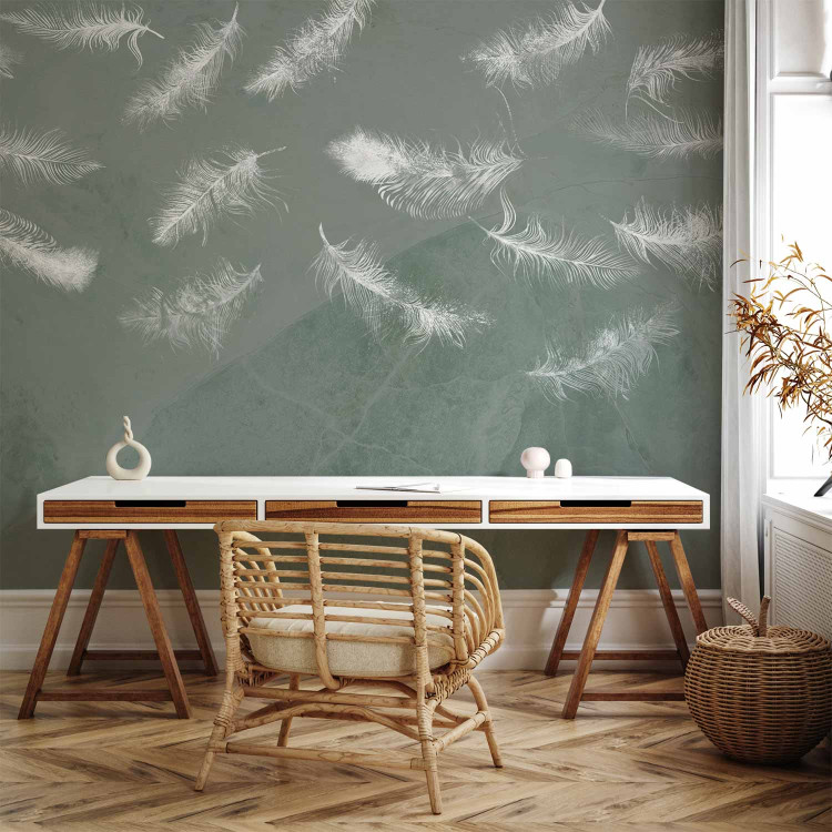 Wall Mural In flight - white feathers carried by the wind on an olive background with pattern 142639 additionalImage 4