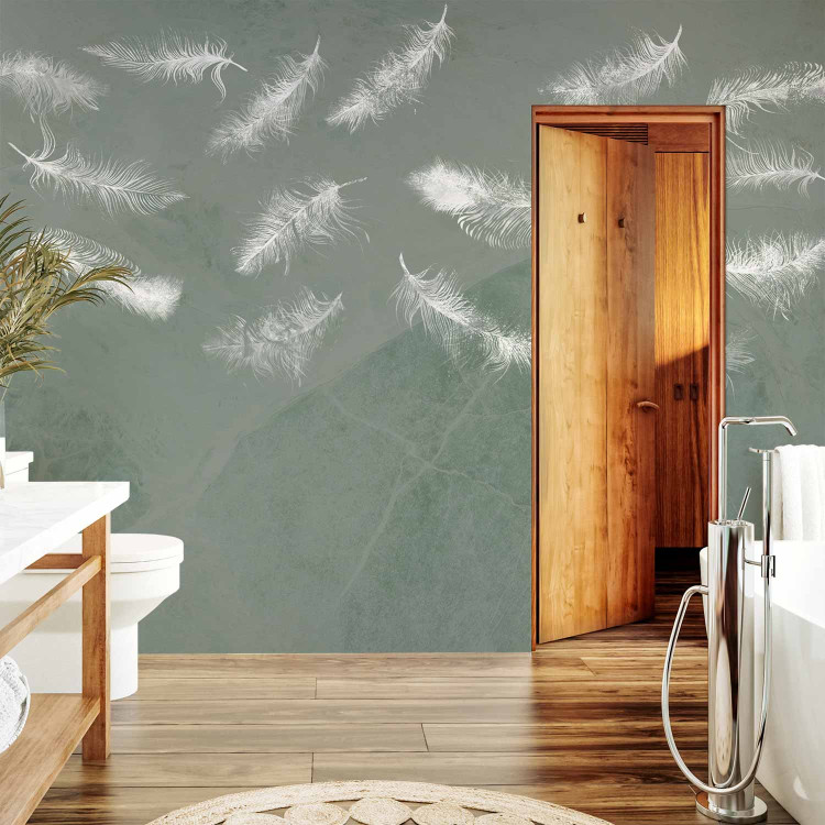 Wall Mural In flight - white feathers carried by the wind on an olive background with pattern 142639 additionalImage 8