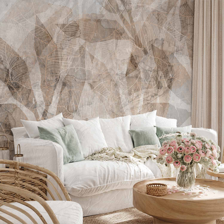 Wall Mural Shadow abstraction - interlaced shapes and leaf outline - beige 144739