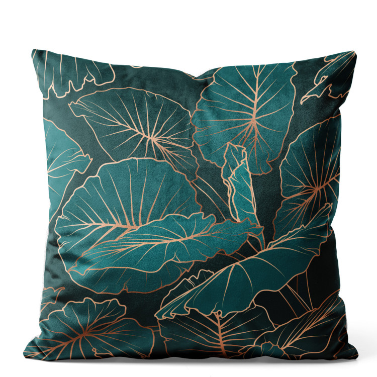 Decorative Velor Pillow Night jungle - a botanical composition with allocasia leaves and gold 147039