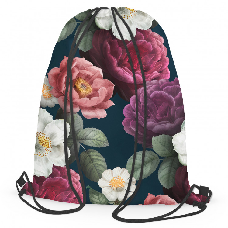 Backpack Peonies in bloom - floral, vintage style print, dark green background 147639