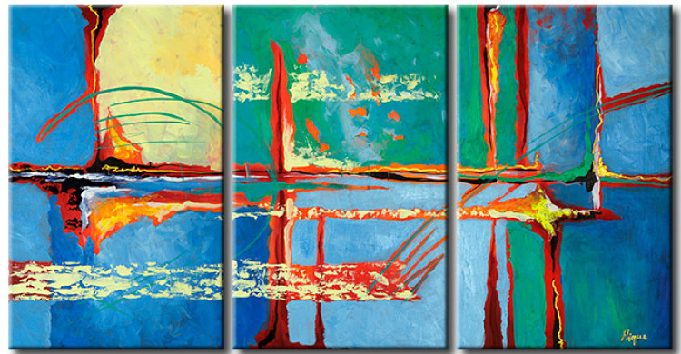 Canvas Art Print Landscape (3-piece) - Colourful fantasy with a blue seascape motif 48339