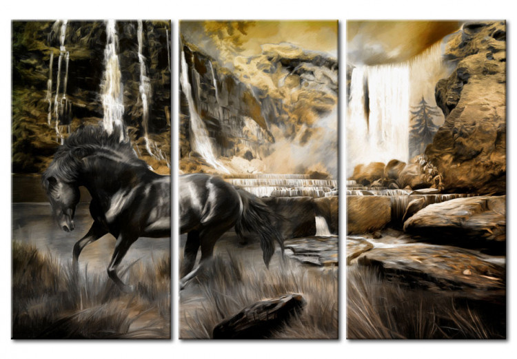 Canvas Black horse and rocky waterfall 55639