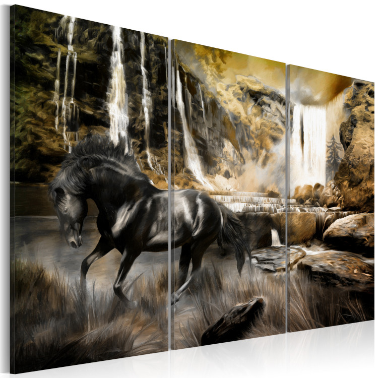 Canvas Black horse and rocky waterfall 55639 additionalImage 2
