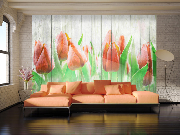 Photo Wallpaper Red Tulips on Wood - Bright Floral Motif on White Wood 60339