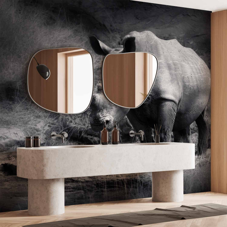 Wall Mural Peace of Animals - Black and white motif of a solitary rhinoceros on the savannah 61339 additionalImage 8