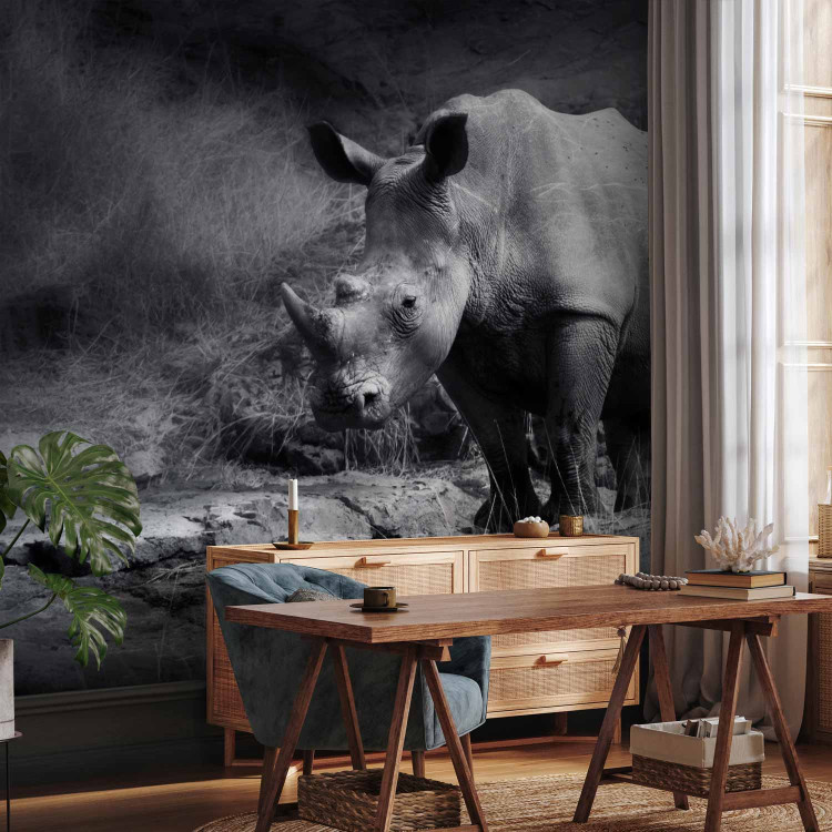 Wall Mural Peace of Animals - Black and white motif of a solitary rhinoceros on the savannah 61339 additionalImage 4