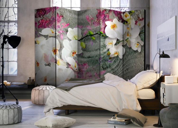 Room Separator Sounds of the Desert II - white orchid flowers on a background of colorful plants 95239 additionalImage 2