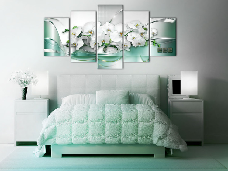 Canvas Turquoise Wave of Abstraction (5-part) - Orchid Flowers in Glow 96039 additionalImage 3