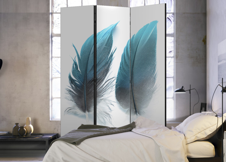 Folding Screen Blue Feathers - two feathers in blue color on light-white background 97439 additionalImage 2