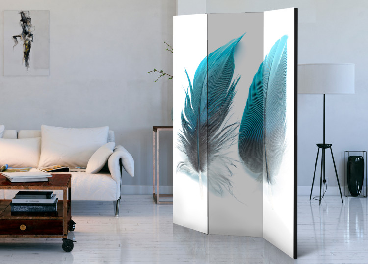 Folding Screen Blue Feathers - two feathers in blue color on light-white background 97439 additionalImage 4