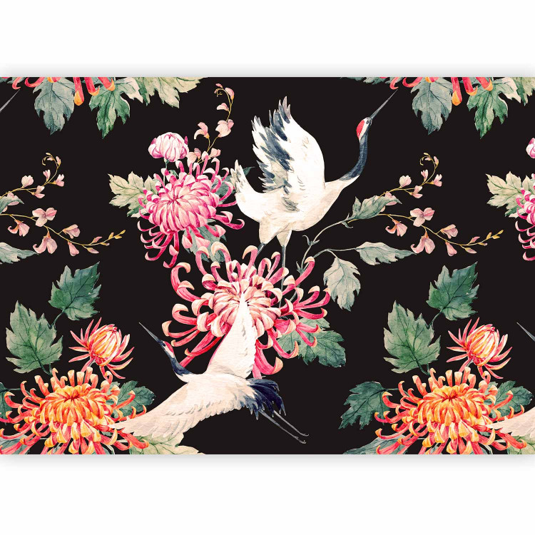 Photo Wallpaper Land of freedom - birds and colourful flowers motif on a black background 98239 additionalImage 1