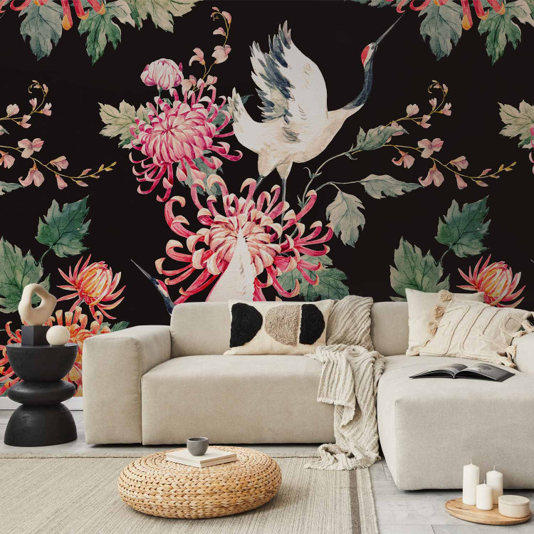 Photo Wallpaper Land of freedom - birds and colourful flowers motif on a black background 98239