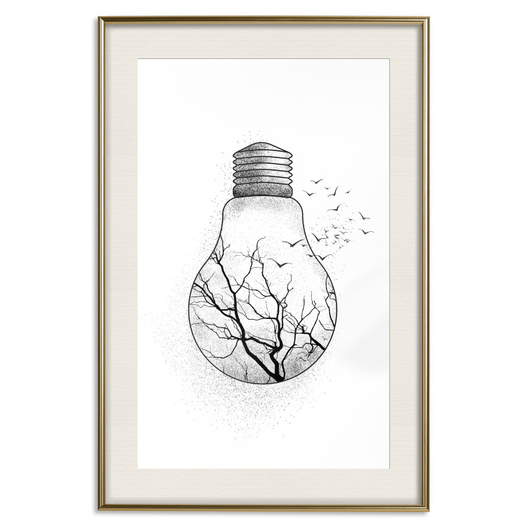 Poster Winter Birds - black and white light bulb with tree and birds on a white background 131949 additionalImage 20