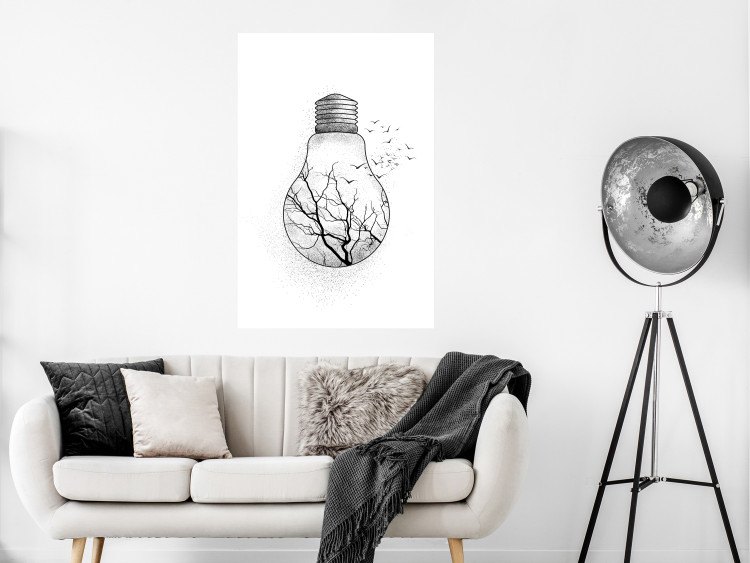 Poster Winter Birds - black and white light bulb with tree and birds on a white background 131949 additionalImage 4