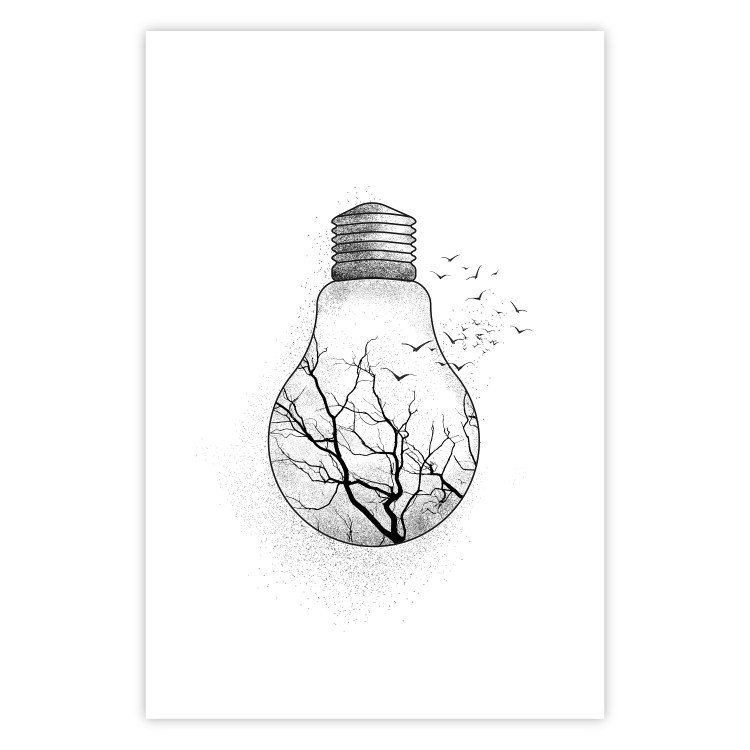 Poster Winter Birds - black and white light bulb with tree and birds on a white background 131949 additionalImage 25