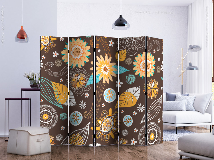 Folding Screen Lacy flowers II (5-piece) - colorful plants on a brown background 132649 additionalImage 2