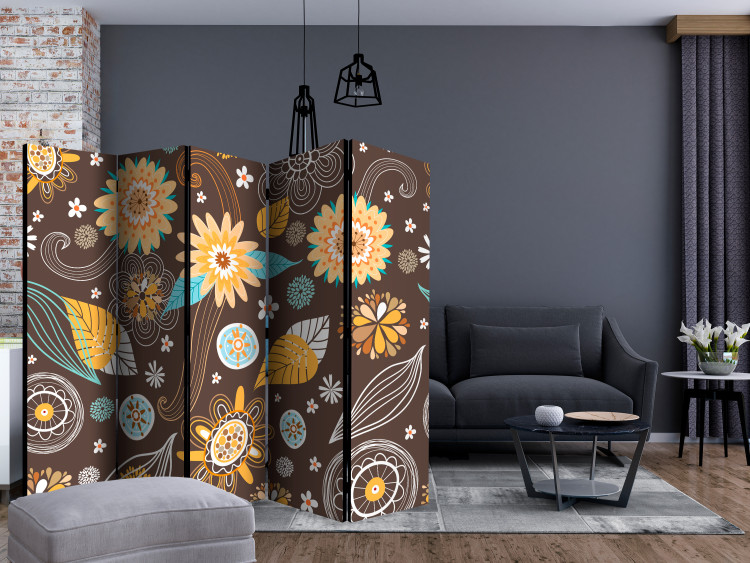 Folding Screen Lacy flowers II (5-piece) - colorful plants on a brown background 132649 additionalImage 4