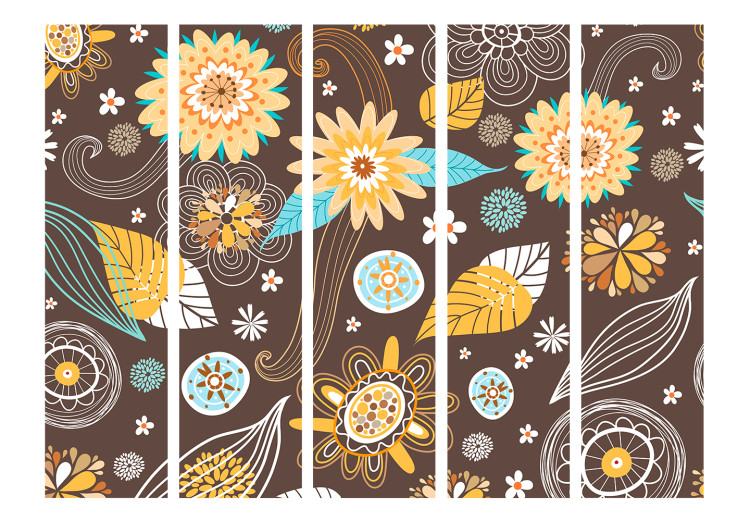 Folding Screen Lacy flowers II (5-piece) - colorful plants on a brown background 132649 additionalImage 3