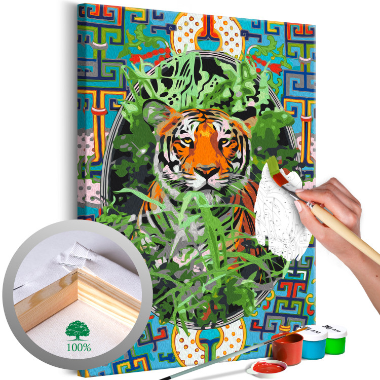 Paint by Number Kit Pensive Cat - Tiger among Grass and Abstract Colored Background 146549
