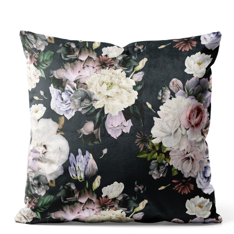 Decorative Velor Pillow Stately bouquet - rose and peony flowers on black background 147149