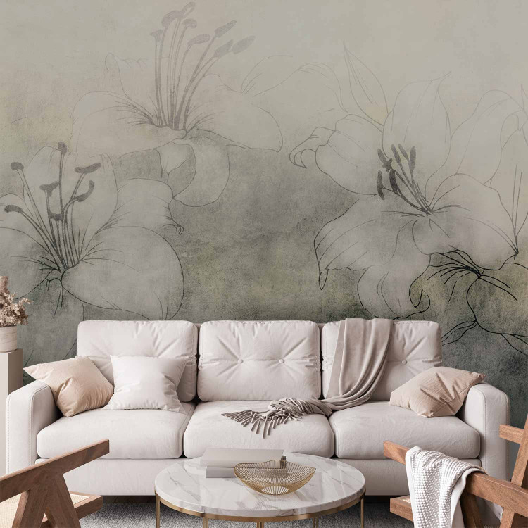 Wall Mural Blooming in the Fog - White Lilies on a Shaded Background - Green 149249