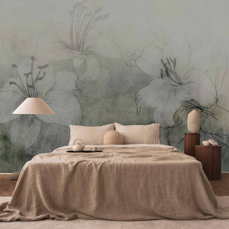 Wall Mural Blooming in the Fog - White Lilies on a Shaded Background - Green 149249 additionalImage 2
