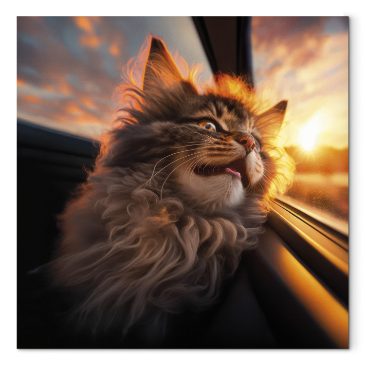 Canvas Print AI Maine Coon Cat - Animal on a Journey to the Setting Sun - Square 150149