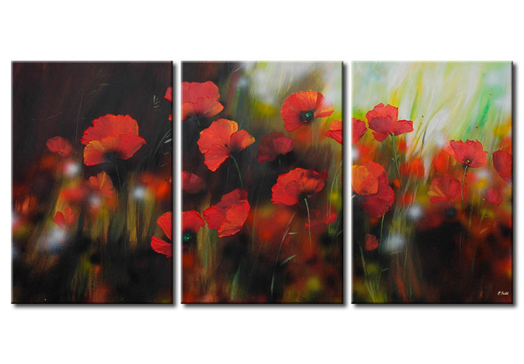 Canvas Print Romantic poppies - a meadow full of red flowers on blurred background 48549