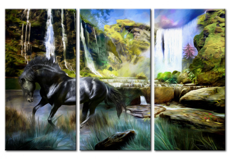 Canvas Art Print Horse on the sky-blue waterfall background 55649