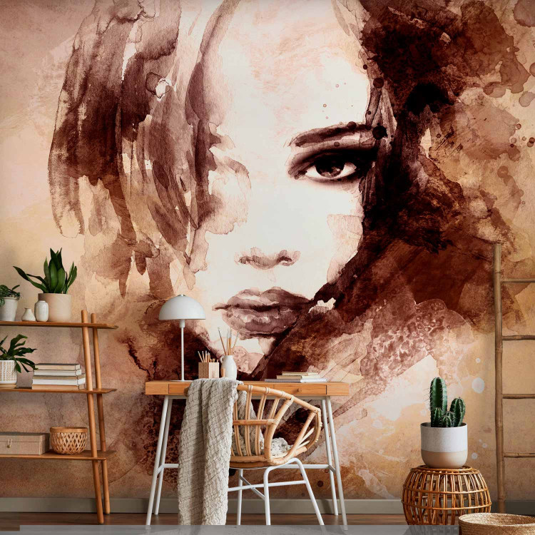 Photo Wallpaper Female Figures - portrait of a woman's face in watercolor style in browns 64549 additionalImage 4