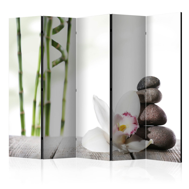 Room Divider Harmony II - wooden table with flower and stones on a light background 97349