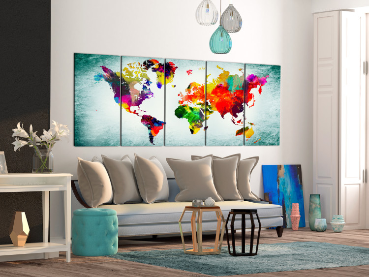 Canvas Print World Map: Green Vignette (5-piece) - Map with Paint Texture 105059 additionalImage 3