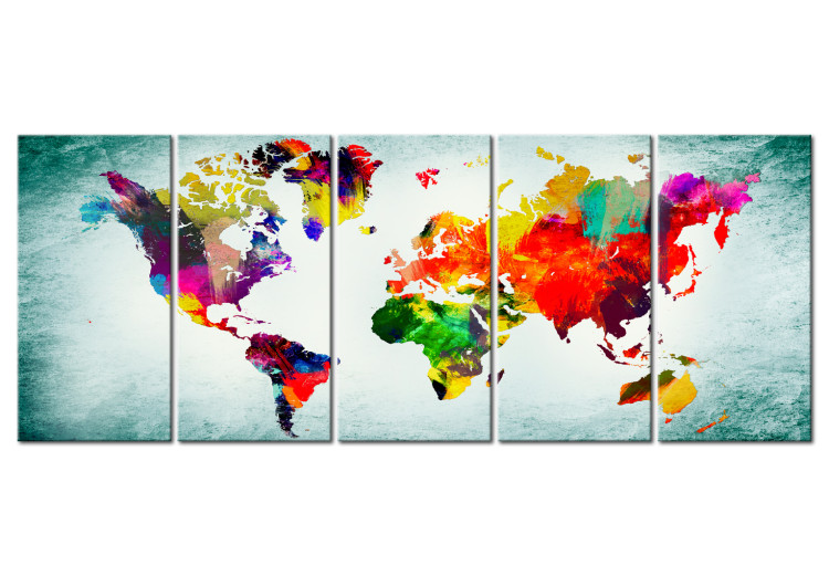 Canvas Print World Map: Green Vignette (5-piece) - Map with Paint Texture 105059