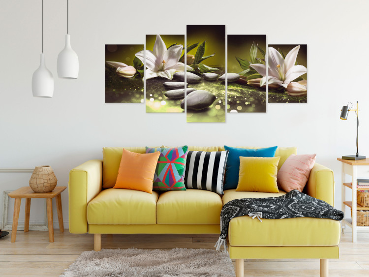 Canvas Print Lilies and Stones (5-part) Wide - Still Life in Zen Style 108259 additionalImage 3