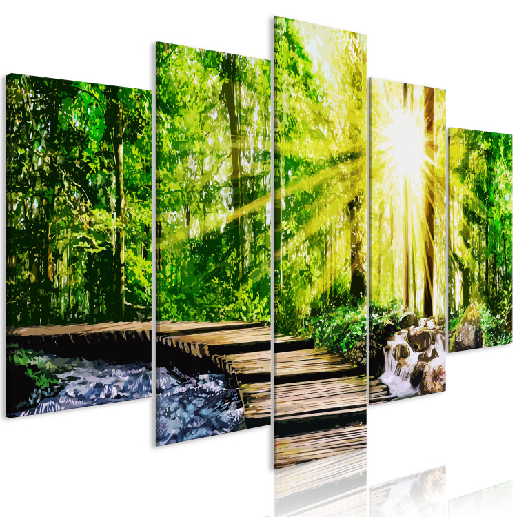 Canvas Print Forest Footbridge (5-part) Wide - Scenic Green Forest Landscape 108359 additionalImage 2