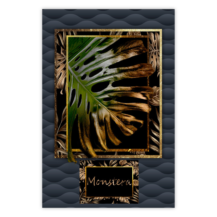 Poster Gilded Monstera - Composition with a tropical plant on a dark background 114359