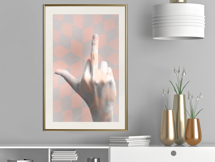 Poster F*ck you! - gray-pink composition with a hand in a geometric pattern 117559 additionalImage 21