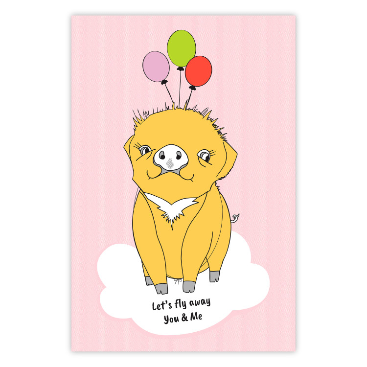 Poster Sky Piggy - yellow animal with balloons and English texts 122759