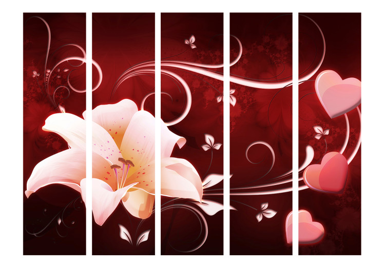 Room Separator Love Message II (5-piece) - lilies and hearts on a red background 124059 additionalImage 3