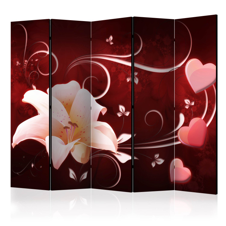 Room Separator Love Message II (5-piece) - lilies and hearts on a red background 124059