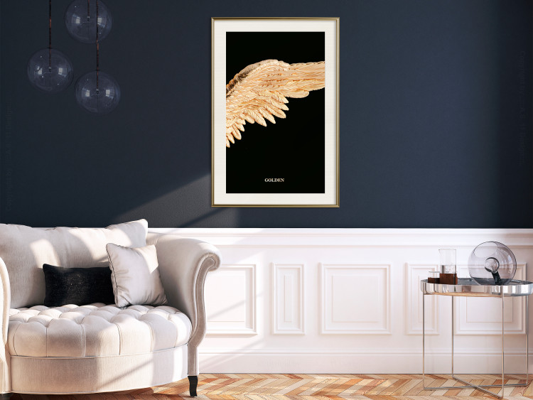 Wall Poster Lightness of Being - wing with golden feathers on a black background 130459 additionalImage 22