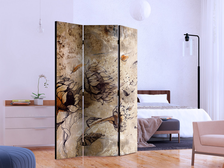 Folding Screen Breath of Wind (3-piece) - brown composition in sunflower flowers 132759 additionalImage 2