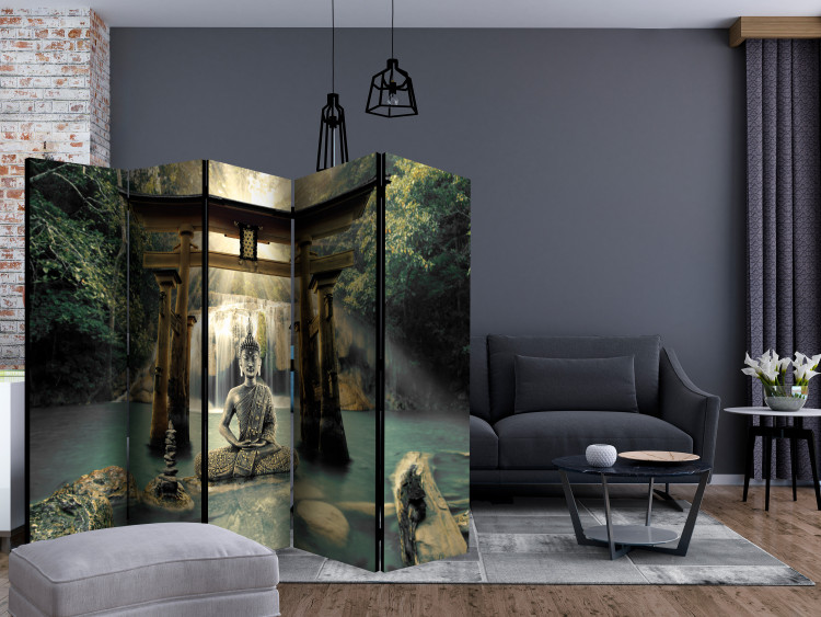 Folding Screen Buddha's Smile II (5-piece) - statue against a waterfall in zen style 133259 additionalImage 4