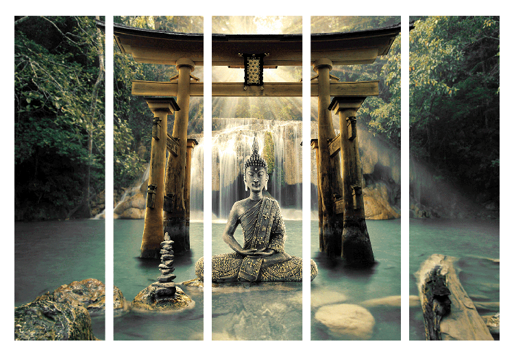Folding Screen Buddha's Smile II (5-piece) - statue against a waterfall in zen style 133259 additionalImage 7