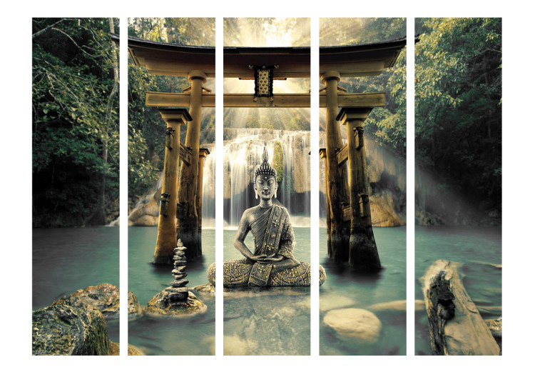 Folding Screen Buddha's Smile II (5-piece) - statue against a waterfall in zen style 133259 additionalImage 3
