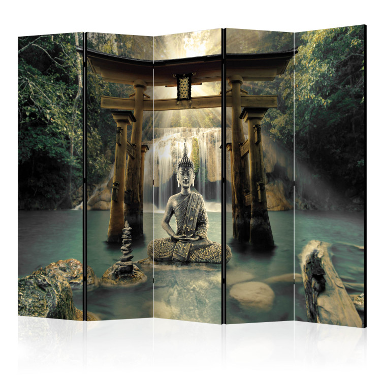 Folding Screen Buddha's Smile II (5-piece) - statue against a waterfall in zen style 133259